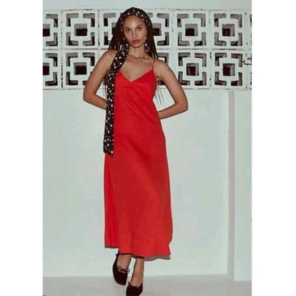 FREE PEOPLE Emmers Linen Midi Maxi Size S Orange Red Vermilion - Picture 8 of 10